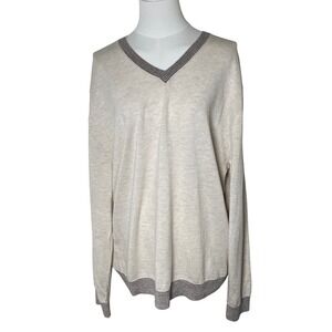 Mercerized Wool V‎ Neck Sweater Cream Striped Trim Daniel Cremieux XL